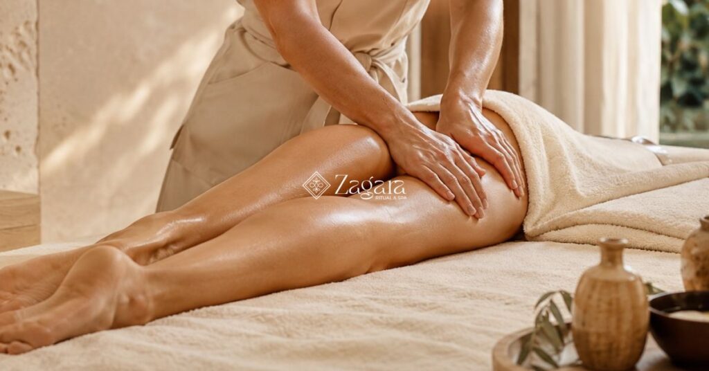 Mani della terapeuta durante un massaggio linfatico drenante sulle gambe, atmosfera spa rilassante