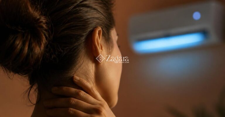 donna che si tocca la nuca in un ambiente climatizzato, effetti sbalzi termici aria condizionata sul corpo