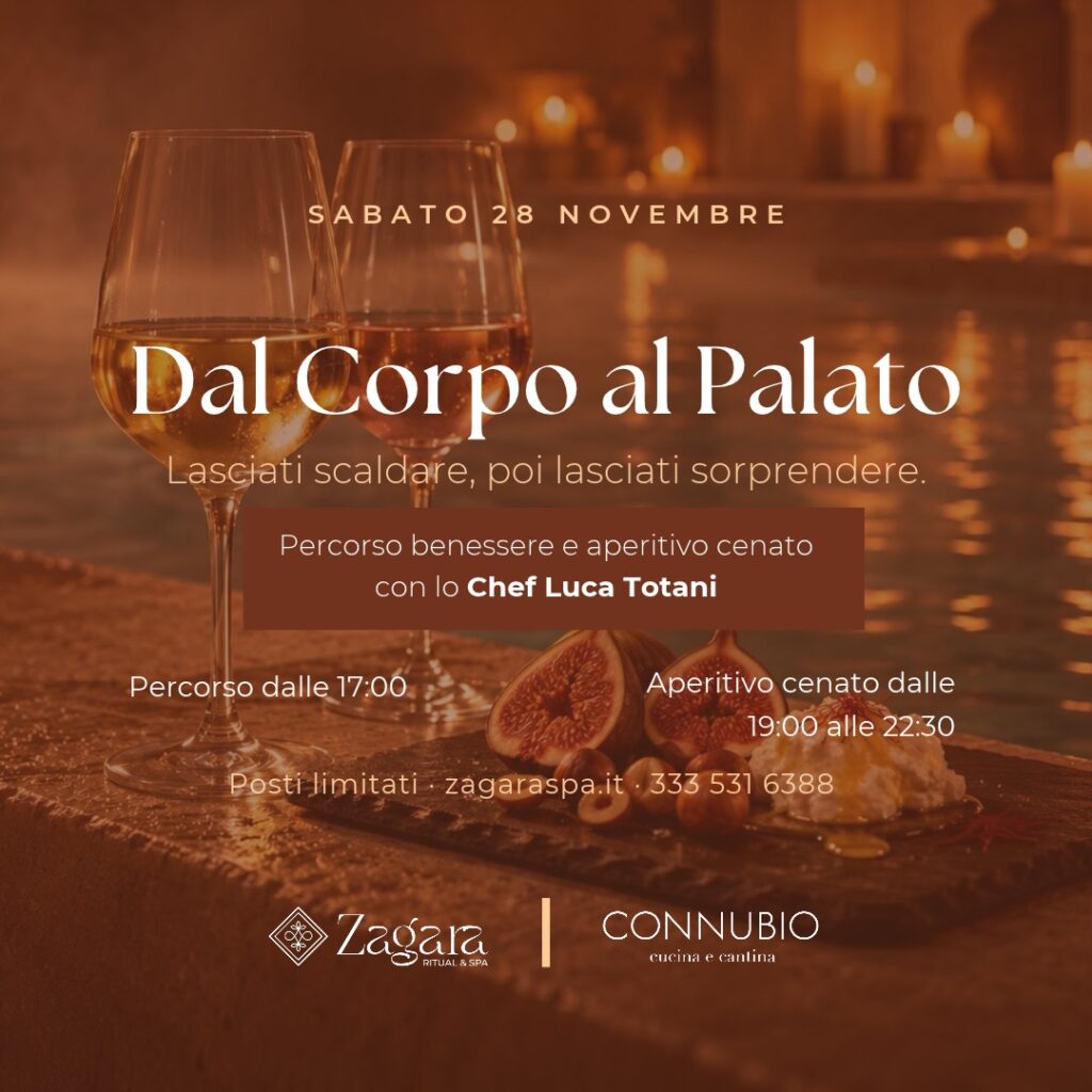 Locandina Dal Corpo al Palato, percorso benessere e aperitivo cenato con lo Chef